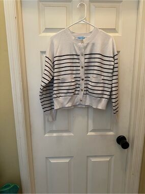 Draper James White Crewneck Striped Button-Front Cardigan